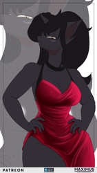 Size: 2160x3840 | Tagged: safe, artist:maximus, oc, oc only, equine, fictional species, mammal, pony, unicorn, anthro, friendship is magic, hasbro, my little pony, 2024, black body, black hair, bottomwear, clothes, dress, female, hair, high res, horn, narrowed eyes, red dress, solo, solo female