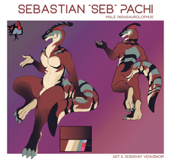 Size: 3426x3250 | Tagged: safe, artist:venusnoir, oc, oc only, oc:sebastian pachi, dinosaur, duck-billed dinosaur, parasaurolophus, anthro, 2024, claws, feet, gradient background, long tail, male, red eyes, reference sheet, scales, solo, solo male, tail, text