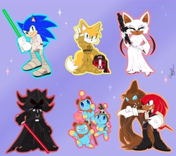 Size: 4096x3641 | Tagged: safe, artist:gaiamoonflayer, chaos (sonic), darth vader (star wars), e-123 omega (sonic), han solo (star wars), knuckles the echidna (sonic), miles "tails" prower (sonic), rouge the bat (sonic), shadow the hedgehog (sonic), sonic the hedgehog (sonic), alien, bat, canine, chao, echidna, fictional species, fox, hedgehog, mammal, monotreme, robot, anthro, humanoid, plantigrade anthro, semi-anthro, sega, sonic the hedgehog (series), star wars, alien costume, blaster, chewbacca (star wars), clothes, cosplay, costume, crossover, energy weapon, ewok, ewok costume, gun, high res, lightsaber, luke skywalker (star wars), mutant, princess leia (star wars), r2-d2 (star wars), robot costume, weapon, wookie, wookie costume