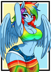 Size: 1240x1754 | Tagged: safe, artist:rekheadz, rainbow dash (mlp), equine, fictional species, mammal, pegasus, pony, anthro, friendship is magic, hasbro, my little pony, 2024, anthrofied, arm behind head, armpits, arms behind head, belly button, big breasts, blue body, blue wings, bottomwear, breasts, cleavage, clothes, curvy, daisy dukes, eyelashes, feathered wings, feathers, female, g4, gradient background, grin, hair, hourglass figure, legwear, mane, mare, midriff, rainbow hair, rainbow mane, short shorts, shorts, smiling, socks, solo, solo female, thigh highs, wide hips, wings