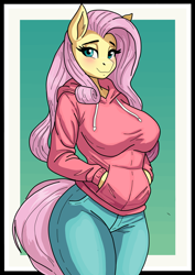 Size: 1240x1754 | Tagged: safe, artist:rekheadz, fluttershy (mlp), equine, fictional species, mammal, pegasus, pony, anthro, friendship is magic, hasbro, my little pony, 2024, anthrofied, bedroom eyes, big breasts, blushing, border, bottomwear, breasts, clothes, denim, eyelashes, female, g4, gradient background, hair, hand in pocket, hoodie, jeans, lidded eyes, mane, mare, pants, passepartout, pink hair, pink mane, pink tail, smiling, solo, solo female, tail, topwear, yellow body