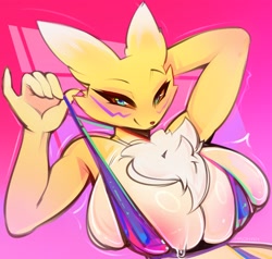 Size: 2048x1950 | Tagged: suggestive, artist:haokan, fictional species, renamon, anthro, digimon, 2024, areola, arm behind head, bedroom eyes, big breasts, bikini, bikini top, black sclera, blushing, breasts, clothes, colored sclera, female, lingerie, looking at you, micro bikini, skimpy, smiling, smiling at you, solo, solo female, swimsuit, underwear