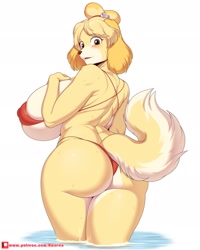Size: 1638x2048 | Tagged: suggestive, artist:rainven, isabelle (animal crossing), canine, dog, mammal, shih tzu, anthro, animal crossing, nintendo, 2024, areola, big butt, bikini, blushing, breasts, brown eyes, butt, clothes, dripping, female, huge breasts, looking at you, looking back, nipple outline, partially submerged, rear view, red bikini, red swimsuit, skimpy, smiling, smiling at you, solo, solo female, swimsuit, wet