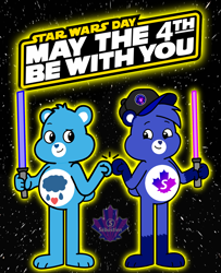 Size: 1834x2260 | Tagged: safe, artist:mrstheartist, grumpy bear (care bears), oc, oc:creative bear, bear, fictional species, mammal, semi-anthro, care bears, care bears: unlock the magic, lucasfilm, star wars, star wars day, belly badges, care bear, duo, duo male, fist bump, glowing, lightsaber, logo, male, males only, may the 4th be with you, weapon