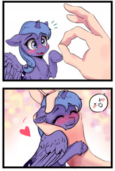 Size: 1033x1537 | Tagged: safe, artist:polnocnykot, princess luna (mlp), alicorn, equine, fictional species, human, mammal, pony, feral, friendship is magic, hasbro, my little pony, 2024, :p, adorable face, blushing, cheek fluff, chest fluff, comic, cute, disembodied hand, ear fluff, eyes closed, feathered wings, feathers, featured image, female, filly, floppy ears, fluff, foal, folded wings, heart, hooves, horn, hug, looking up, missing accessory, open mouth, raised hoof, redraw, smiling, smol, spread wings, tongue, tongue out, ungulate, unshorn fetlocks, wings, young, younger