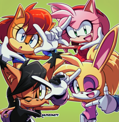 Size: 879x900 | Tagged: safe, artist:risziarts, amy rose (sonic), bunnie rabbot (sonic), nicole the holo-lynx (sonic), princess sally acorn (sonic), chipmunk, feline, hedgehog, lagomorph, lynx, mammal, rabbit, rodent, archie sonic the hedgehog, sega, sonic the hedgehog (series), 2023, black body, black fur, blue eyes, bodysuit, bottomwear, bracelet, brown body, brown fur, clothes, dress, eyelashes, female, females only, fur, gloves, green eyes, group, hair, hairband, jewelry, looking at you, one eye closed, open mouth, open smile, pink body, pink fur, ponytail, red hair, short hair, simple background, smiling, tight clothing, yellow body, yellow eyes, yellow fur