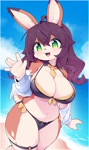 Size: 1904x3200 | Tagged: safe, artist:devil vox, lagomorph, mammal, rabbit, anthro, 2024, beach, bikini, breasts, clothes, female, huge breasts, solo, solo female, swimsuit, thick thighs, thighs, waving, wide hips