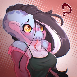 Size: 2287x2304 | Tagged: safe, artist:witchtaunter, oc, oc:kaya (witchtaunter), fictional species, snake, naga, big breasts, blushing, breasts, clothes, female, hair, jacket, scales, solo, solo female, tongue, tongue out, topwear