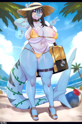 Size: 1561x2361 | Tagged: suggestive, artist:rayka, fish, shark, anthro, 2024, areola, arm behind head, belly button, belly button piercing, big breasts, bikini, bracelet, breasts, clothes, collar, ear piercing, female, glasses, handbag, hat, headwear, high heels, japanese text, jewelry, looking at you, outdoors, piercing, shoes, smiling, smiling at you, solo, solo female, sun hat, sunglasses, swimsuit, tattoo, text, translation request, undersized clothes