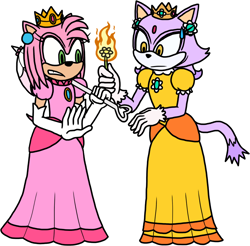 Size: 958x942 | Tagged: safe, artist:kyurem2424, amy rose (sonic), blaze the cat (sonic), princess daisy (mario), princess peach (mario), cat, feline, hedgehog, mammal, mario (series), nintendo, sega, sonic the hedgehog (series), duo, duo female, female, females only