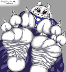 Size: 1842x2000 | Tagged: suggestive, artist:some-tree-bird, toriel (undertale), bovid, goat, mammal, undertale, big breasts, breasts, feet, female, fetish, foot fetish, foot focus, smiling, soles, toes, underfoot, wrinkled feet