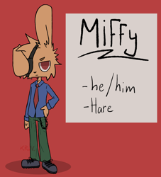 Size: 3000x3300 | Tagged: safe, artist:kruvvv, oc, oc only, oc:miffy, hare, lagomorph, mammal, anthro, angry eyes, cheek fluff, clothes, digital art, ear fluff, eyepatch, fluff, fur, hand on hip, looking at you, male, neck fluff, necktie, one ear down, one ear up, orange body, orange fur, red background, red eyes, reference sheet, simple background, solo, solo male