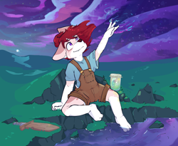 Size: 1778x1459 | Tagged: safe, artist:kircai, oc, oc only, canine, dog, mammal, anthro, 2024, barefoot, clothes, female, grass, grass field, hair, leaning back, looking up, raised hand, red hair, sitting, sky, smiling, solo, solo female, stars, sword, water, weapon