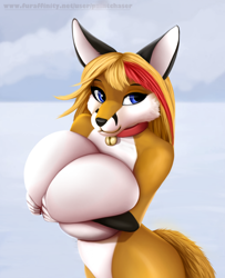 Size: 1732x2128 | Tagged: suggestive, artist:paintchaser, oc, oc only, canine, fox, mammal, anthro, 2024, belly button, breast squish, breasts, commission, covering breasts, digital art, ears, eyelashes, female, fur, hair, huge breasts, looking at you, nudity, simple background, solo, solo female, tail, thighs, vixen, wide hips