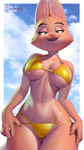Size: 670x1190 | Tagged: suggestive, alternate version, artist:pakwan008, diane foxington (the bad guys), canine, fox, mammal, anthro, dreamworks animation, the bad guys, 2024, beach, bedroom eyes, belly button, big breasts, bikini, breast squish, breasts, butt, cameltoe, cheek fluff, cloud, detailed background, digital art, ears, eyebrow piercing, eyelashes, female, fluff, fur, gold bikini, looking at you, open mouth, piercing, pink nose, pose, sharp teeth, sky, smiling, smiling at you, solo, solo female, tail, teeth, thighs, underass, vixen, wide hips