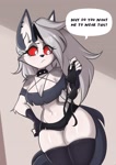 Size: 1508x2126 | Tagged: safe, artist:lucyfercomic, loona (vivzmind), canine, fictional species, hellhound, mammal, anthro, hazbin hotel, helluva boss, 2024, belly button, bottomwear, bra, breasts, clothes, collar, colored sclera, crop top, detailed background, digital art, ears, eyelashes, female, fingerless gloves, fur, gloves, hair, legwear, red sclera, shorts, solo, solo female, spiked collar, stockings, tail, thighs, topwear, underwear, wide hips