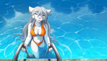 Size: 2240x1280 | Tagged: safe, alternate version, artist:twokinds, raine (twokinds), fictional species, keidran, mammal, anthro, twokinds, 2024, belly button, bikini, blep, breasts, clothes, detailed background, digital art, ears, eyelashes, eyes closed, female, fur, hair, partially submerged, pink nose, solo, solo female, swimming pool, swimsuit, tail, thighs, tongue, tongue out, wet, wide hips