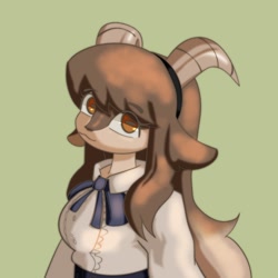 Size: 2048x2048 | Tagged: safe, artist:ben76769541, oc, oc:adeline (okaliz), bovid, goat, mammal, anthro, bottomwear, breasts, clothes, dress, female, hair, hair band, horizontal pupils, horns, looking at you, simple background, smiling, smiling at you, solo, solo female