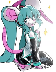 Size: 1088x1408 | Tagged: safe, artist:dizzyspellss, miku hatsune (vocaloid), mammal, rat, rodent, vocaloid, 2024, bottomwear, breasts, clothes, hair, long hair, murine, pants, paw pads, paws, shirt, sitting, species swap, tail, thick thighs, thighs, topwear