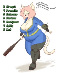 Size: 1561x2000 | Tagged: safe, artist:doxxylbox, oc, cat, feline, mammal, anthro, baseball bat, big belly, breasts, cleavage, eyes closed, fallout new vegas, female, huge breasts, slightly chubby, solo, solo female, tail, thick thighs, thighs, vault suit, wide hips