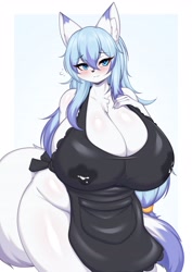 Size: 2897x4096 | Tagged: suggestive, artist:tailz_kim, oc, oc:lily mari (arctica lily), arctic fox, canine, fox, mammal, anthro, 2024, apron, blushing, breasts, cleavage, clothes, female, huge breasts, lactation through clothing, naked apron, nudity, partial nudity, solo, solo female, tail, thick thighs, thighs, wide hips