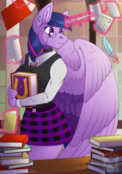Size: 2141x3039 | Tagged: safe, artist:mazzysmenagerie, twilight sparkle (mlp), alicorn, equine, fictional species, mammal, pony, friendship is magic, hasbro, my little pony, 2024, bottomwear, clothes, ear piercing, feathered wings, feathers, female, fur, glowing, glowing horn, hair, high res, horn, mane, mare, multicolored mane, piercing, purple body, purple fur, purple wings, shirt, shorts, solo, solo female, topwear, wings