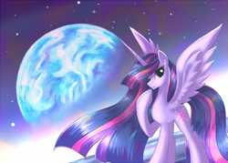 Size: 1135x813 | Tagged: safe, artist:ninkitka, twilight sparkle (mlp), alicorn, equine, fictional species, mammal, pony, feral, friendship is magic, hasbro, my little pony, 2024, equestria, feathered wings, feathers, female, globe, hair, horn, mane, mare, older, one hoof raised, planet, princess twilight 2.0, solo, solo female, space, stars, tail, wings, world