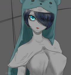 Size: 1192x1245 | Tagged: safe, artist:s2o9o3os2, fictional species, humanoid, digimon, 2021, blue eyes, blue hair, bust, clothes, eyelashes, female, gray background, hair, hat, headwear, lipstick, makeup, simple background, sistermon ciel, smiling, solo, solo female, wingding eyes