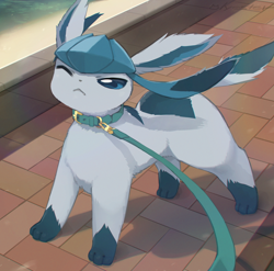 Size: 850x841 | Tagged: safe, artist:cco00oo, eeveelution, fictional species, glaceon, mammal, feral, nintendo, pokémon, 2024, ambiguous gender, beach, behaving like a dog, black nose, blue sclera, collar, colored sclera, digital art, ears, fur, hair, leash pull, one eye closed, paws, solo, solo ambiguous, tail, walking, wind