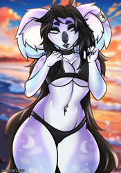 Size: 1606x2294 | Tagged: safe, artist:butterfliess, oc, oc only, koala, mammal, marsupial, anthro, 2024, belly button, belly button piercing, bikini, breasts, clothes, commission, detailed background, digital art, ears, eyelashes, female, fur, hair, piercing, solo, solo female, swimsuit, tail, thighs, wide hips, ych result