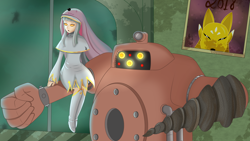 Size: 1920x1080 | Tagged: safe, artist:mich rose, fictional species, robot, sakuyamon, humanoid, digimon, 2019, bioshock, boots, clothes, crossover, drill, female, glowing, glowing eyes, guardromon, hat, headwear, high heel boots, high heels, indoors, poster, riding, shoes, sitting, smiling, wingding eyes