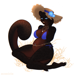 Size: 1925x1914 | Tagged: safe, artist:nomirin, oc, oc only, big cat, feline, leopard, mammal, anthro, digitigrade anthro, 2024, belly button, bikini, breasts, clothes, digital art, ears, eyelashes, female, fur, gift art, hair, paw pads, paws, pregnant, simple background, solo, solo female, straw hat, swimsuit, tail, thighs, white background, wide hips