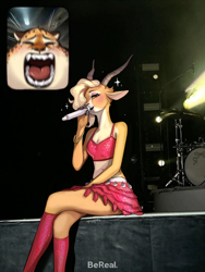 Size: 1500x2000 | Tagged: safe, artist:spuydjeks, gazelle (zootopia), antelope, bovid, gazelle, mammal, anthro, disney, zootopia, 2024, belly button, bereal, blonde hair, bottomwear, breasts, clothes, concert, crop top, detailed background, digital art, ears, eyelashes, fan screaming at madison beer, female, fur, hair, horns, legwear, meme, microphone, singing, sitting, skirt, solo, solo female, stockings, tail, tan body, tan fur, thighs, topwear, wide hips