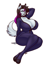 Size: 900x1200 | Tagged: suggestive, artist:blazbaros, oc, oc only, canine, dog, husky, mammal, anthro, 2024, belly button, boots, breasts, cleavage, clothes, commission, digital art, ears, eyelashes, female, footwear, fur, hair, huge breasts, shoes, solo, solo female, suit, tail, thighs, unzipped, wide hips