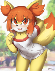 Size: 1121x1435 | Tagged: safe, artist:rilexlenov, fennekin, fictional species, anthro, nintendo, pokémon, 2024, armpits, arms behind head, belly button, blushing, breasts, clothes, detailed background, digital art, dipstick tail, ear fluff, ears, eyelashes, female, fluff, fur, hair, looking at you, pose, shirt, solo, solo female, starter pokémon, tail, thighs, topwear, wide hips