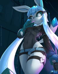 Size: 1121x1435 | Tagged: safe, artist:rilexlenov, eeveelution, fictional species, glaceon, mammal, anthro, nintendo, pokémon, 2024, belly button, blue sclera, breasts, clothes, colored sclera, detailed background, digital art, ears, evening gloves, eyelashes, female, fur, gloves, hair, leotard, long gloves, looking at you, pose, solo, solo female, tail, thighs, wide hips