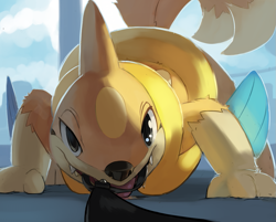 Size: 1111x892 | Tagged: safe, artist:ozoneserpent, fictional species, floatzel, mammal, semi-anthro, nintendo, pokémon, 2018, ambiguous gender, bedroom eyes, commission, detailed background, digital art, ears, fur, leash, looking at you, open mouth, sharp teeth, solo, solo ambiguous, tail, teeth, thighs, tongue