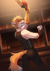 Size: 897x1280 | Tagged: safe, artist:fumiko, oc, canine, fox, mammal, anthro, 2022, alcohol, bar, bartender, blonde hair, bottle, bottomwear, brown body, brown fur, clothes, container, digital art, drink, ears, fur, gloves (arm marking), green eyes, hair, indoors, looking at you, looking back, looking back at you, male, orange body, orange fur, pants, prosthetic arm, prosthetics, shirt, solo, solo male, tail, topwear, vest, white body, white fur