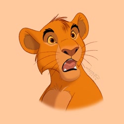 Size: 900x900 | Tagged: safe, artist:tayarinne, mufasa (the lion king), big cat, feline, lion, mammal, feral, disney, the lion king, fur, headshot, male, open mouth, solo, yellow body, yellow fur, young, younger