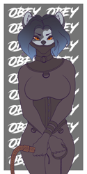 Size: 2250x4500 | Tagged: suggestive, artist:hermitpioneer, oc, oc only, oc:may hem, arctic fox, canine, fox, mammal, anthro, annoyed, clothes, collar, corset, female, latex, posture collar, solo, whip, work in progress