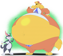Size: 2036x1810 | Tagged: safe, artist:toothystuff, oc, oc only, oc:allie (dragovian15), oc:donna (dragovian15), canine, cat, dog, feline, mammal, belly, belly button, belly fat, big belly, bloat, bloated, bloated belly, blubber, blubbery, breasts, bulk, bulky, clothes, duo, duo female, engorged, fat, fat anthro, fat female, fat fetish, fatty, fatty belly, female, females only, fur, gray body, gray fur, gut, heft, hefty, hound, huge belly, hyper, hyper belly, irish wolfhound, morbid obesity, morbidly obese, morbidly obese anthro, morbidly obese female, nudity, obese, obese anthro, obese female, obesity, paunch, plump belly, pudge, pudgy, round belly, size difference, stout, thick, thick belly, thick blubber, thick body, thick fat, tum, tummy, white body, white fur, yellow body, yellow fur