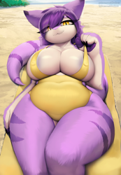 Size: 888x1280 | Tagged: suggestive, artist:tffeathers, cat, feline, mammal, anthro, 2024, areola, beach, breasts, clothes, female, huge breasts, lying down, nipple outline, one-piece swimsuit, solo, solo female, swimsuit, tail, thick thighs, thighs, wide hips