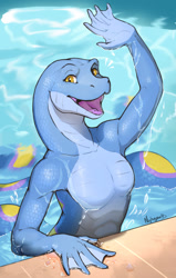 Size: 646x1013 | Tagged: safe, artist:nyhgault, fictional species, snake, naga, female, open mouth, partially submerged, pool, scales, solo, solo female, water, waving, waving at you