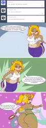 Size: 2644x7280 | Tagged: suggestive, artist:goblinhordestudios, oc, oc only, oc:lisa o'neill, big cat, feline, lion, mammal, anthro, 2015, absurd resolution, belly button, belly dancer, belly dancer outfit, big breasts, big butt, blonde hair, breasts, butt, butt focus, cleavage, clothes, dialogue, eyelashes, fat, female, hair, huge breasts, huge butt, hyper, hyper butt, hyper hips, lioness, midriff, obese, pants, pear-shaped, shirt, sleeveless, solo, solo female, talking, thick thighs, thighs, thunder thighs, tight clothing, topwear, upscaled, wide hips, yoga pants