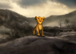 Size: 2048x1442 | Tagged: safe, artist:tami_chom, mufasa (the lion king), big cat, feline, mammal, feral, disney, the lion king, cliff, fur, ledge, male, plant, rock, sky, solo, tree, yellow body, yellow fur, young, younger