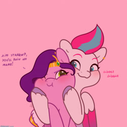 Size: 2480x2480 | Tagged: safe, artist:starburstuwu, pipp petals (mlp), zipp storm (mlp), equine, fictional species, mammal, pegasus, pony, feral, hasbro, my little pony, my little pony g5, spoiler:my little pony g5, 1:1, 2024, :t, angry, blushing, bust, cute, dialogue, duo, duo female, feathered wings, feathers, female, females only, folded wings, high res, madorable, one eye closed, pink background, puffy cheeks, royal sisters (g5), siblings, simple background, sister, sisters, sisters being sisters, smiling, squishy cheeks, stahp, talking, wings