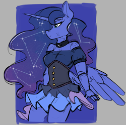 Size: 827x825 | Tagged: safe, artist:aurorafang, princess luna (mlp), alicorn, equine, fictional species, mammal, pony, anthro, friendship is magic, hasbro, my little pony, 2024, anthrofied, bottomwear, clothes, constellation hair, dress, feathered wings, feathers, female, g4, hair, horn, mane, mare, solo, solo female, wings