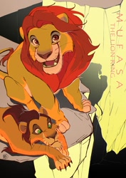 Size: 848x1200 | Tagged: safe, artist:sasamaru_lion, mufasa (the lion king), scar (the lion king), big cat, feline, lion, mammal, feral, disney, the lion king, black hair, black mane, brother, brothers, cliff, duo, hair, ledge, male, mane, red hair, red mane, rock, shadows, siblings
