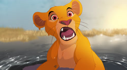 Size: 2480x1377 | Tagged: safe, artist:sasamaru_lion, mufasa (the lion king), big cat, feline, lion, mammal, feral, disney, the lion king, 2d, 2d animation, animated, cub, fur, male, open mouth, red eyes, solo, water, wet, yellow body, yellow fur, young, younger