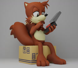 Size: 1280x1120 | Tagged: safe, artist:askmacrorookie, miles "tails" prower (sonic), canine, fox, mammal, red fox, anthro, plantigrade anthro, sega, sonic the hedgehog (series), 2023, 3 toes, 3d, barefoot, digital art, male, multiple tails, paws, sitting, solo, solo male, tail, two tails
